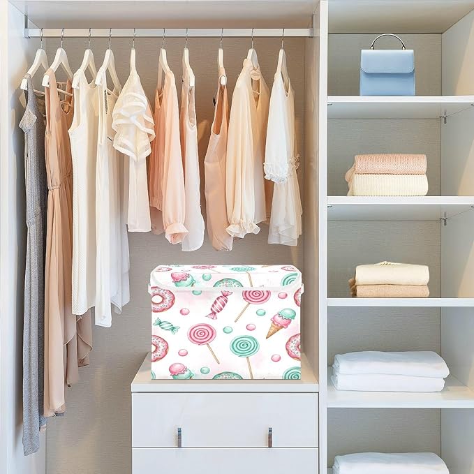 Candy Donuts Lollipops Storage Bins with LidsIce Cream Sweets Foldable Storage Basket with Handles Collapsible Large Fabric Organizer Containers for Clothes Shelves Closet Office Home