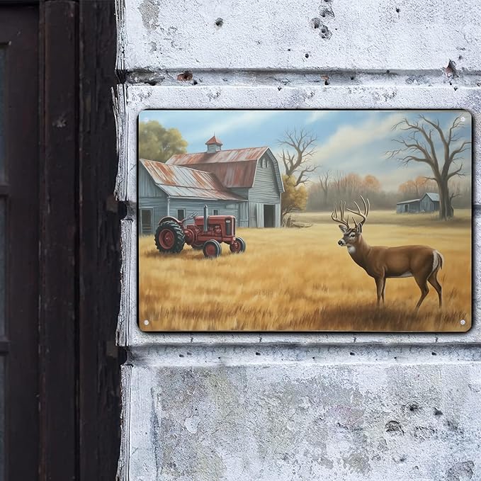 Deer Tractor Barn Farm Scenery tin sign Vintage Countryside Metal Sign Print Aesthetic for Garden Yard Bar Porch Home Bedroom Kitchen Wall Decor Gift 8 x 12 in
