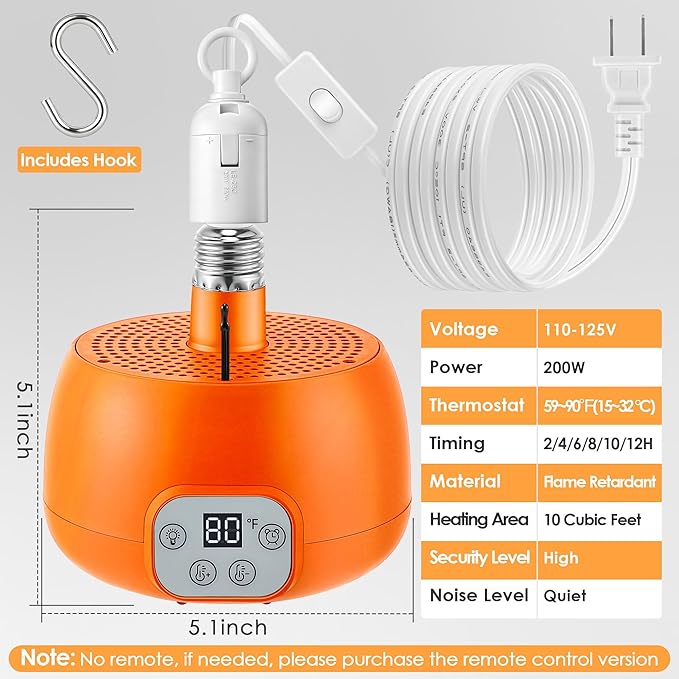 Enhon Chicken Coop Heater, Timing Heat Lamp for Chickens, Smart Temperature Control Chicken Brooder Heater, 5 Ft Long Cable Heating Lamp for Duck Dog Cats, No Remote