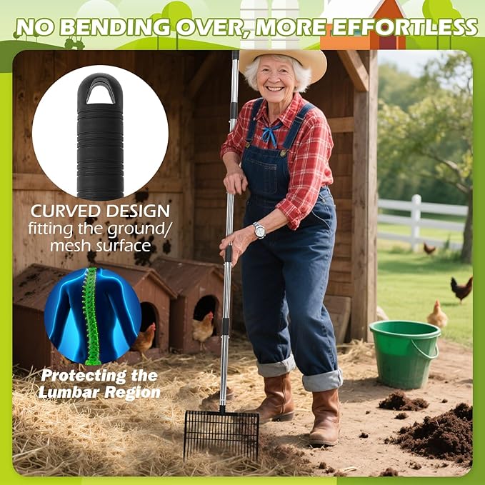 EXPAWLORER Large Chicken Poop Scooper, Adjustable Pet Coop Rake with Stainless Steel Long Handle, Heavy Duty Litter Sifting Sand Sifter Shovel Cleaning Tool Cat Chicken Coop Accessories (22"-68")