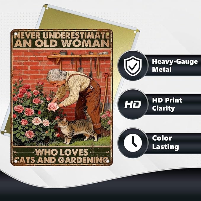 Vintage Garden Tin Sign Never Underestimate Old Lady Who Loves Cats And Gardening Retro Metal Sign Rustic Nostalgic Wall Decor For Home Garden Plaque Yard Patio Porch Living Room 16 * 12 In
