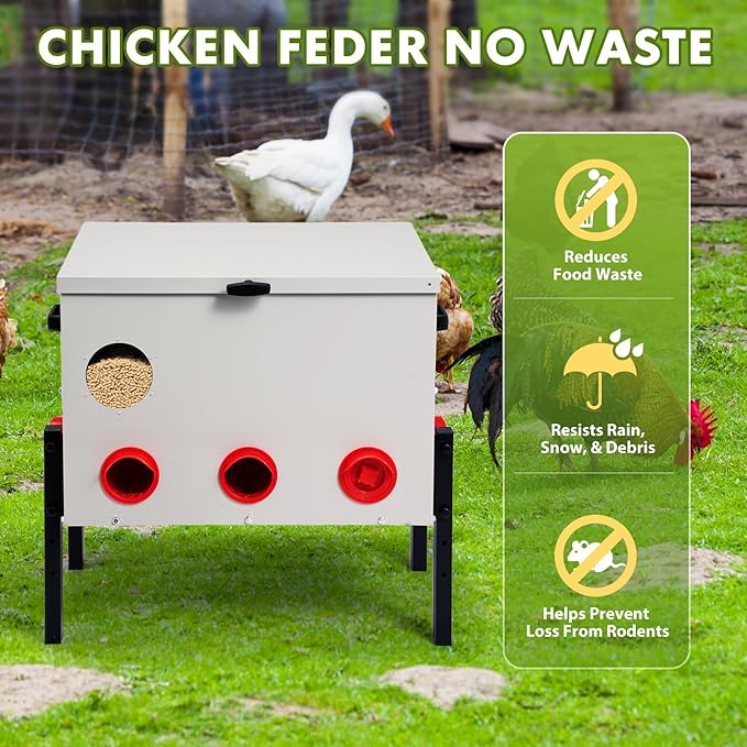 Metal Chicken Feeder with 8 Ports, 90 lbs Metal Poultry Feeder, Height Adjustable Weatherproof Feeding Box for Chickens, Geese, Ducks, Turkeys, Quails (90lbs-8 Ports)