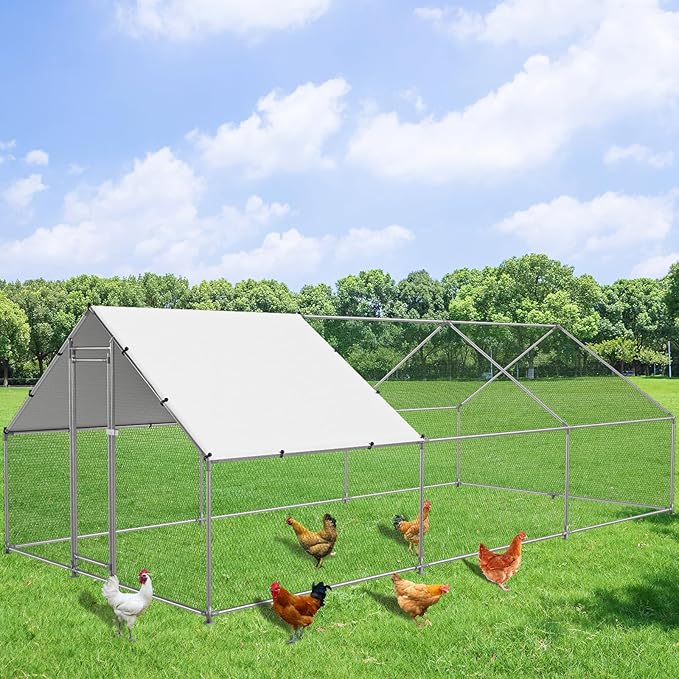 Large Metal Chicken Coop Walk-in Poultry Cage Hen Duck Run House with Waterproof & Anti-UV Cover Galvanized Rabbits Habitat Spire Shaped Cage for Outdoor Yard Farm Use