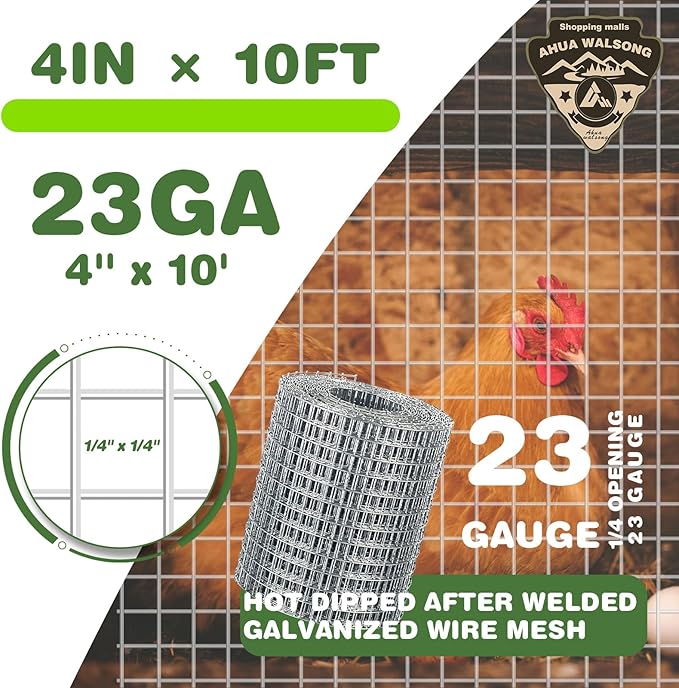 Hardware Cloth 1/4 Galvanized Wire Mesh Roll 4'' x 10' (23 GA) - Chicken Wire Fence for Pens, Coops, Rabbit/Snake Fences, Poultry Enclosures, Crafting, and Screen Mesh