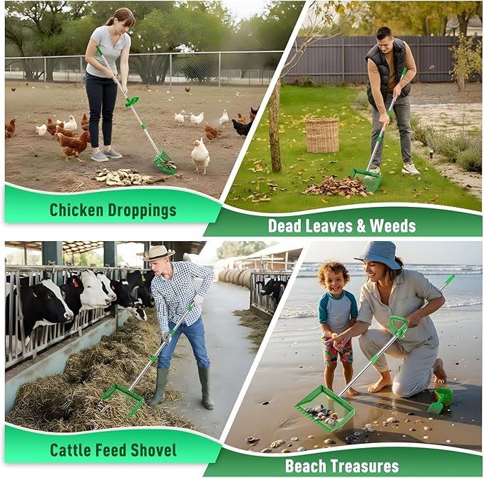 TOOGE Upgraded Chicken Poop Scooper: 10" Metal Pooper Scooper & Rake 4-Section 62" Long Handle Chicken Coop Scoop Scoopers Accessories Large Sand Sifting Litter Shovel for Goats/Yard/Farm/Beach Green