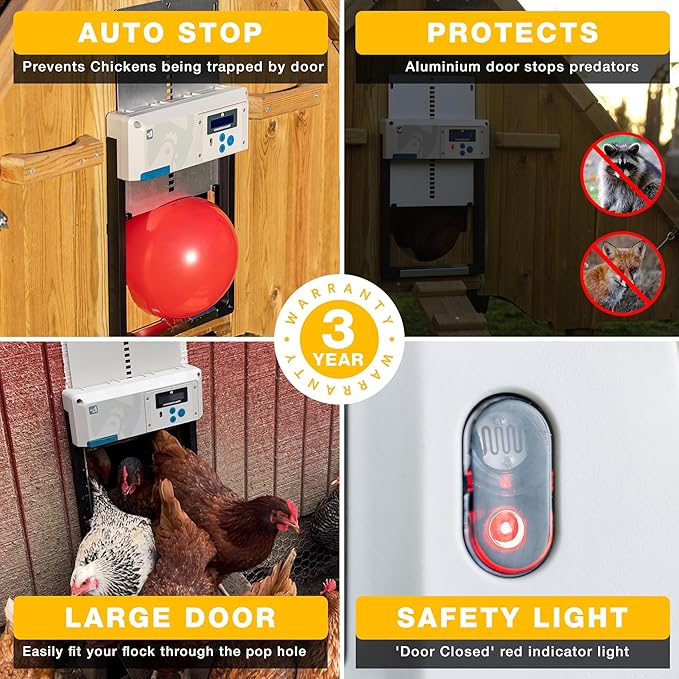ChickenGuard Automatic Chicken Coop Door Opener, Solar/Battery Powered Poultry Door, Timer/Light Sensor Control, Predator Protection, Anti-Pinch Safety, Winter Mode, Easy Install (Green + Solar Kit)