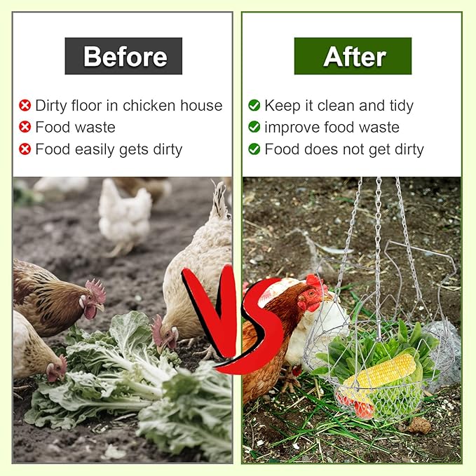 BOXOB Adjustable Hanging Chicken Feeder, Large Foldable Poultry Vegetable Fruit Chick Feeding Drinker Basket with Chain Chicken Treat Holder Coop Accessories Toy for Your Hens Ducks Rabbits