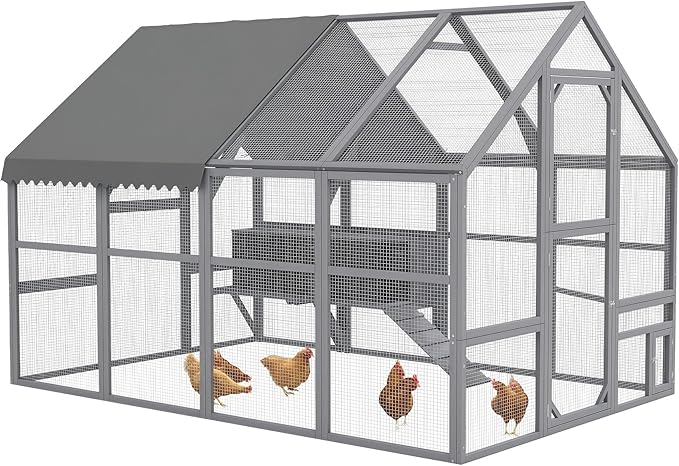 PawHut Large Chicken Run, Wooden Chicken Coop with Waterproof & Anti-UV Cover, Split Door, 4 Nesting Boxes, Roosting Bar, Walk-in Chicken Pen for 8-12 Chickens, for Backyard, Farm, 9' x 6' x 6'