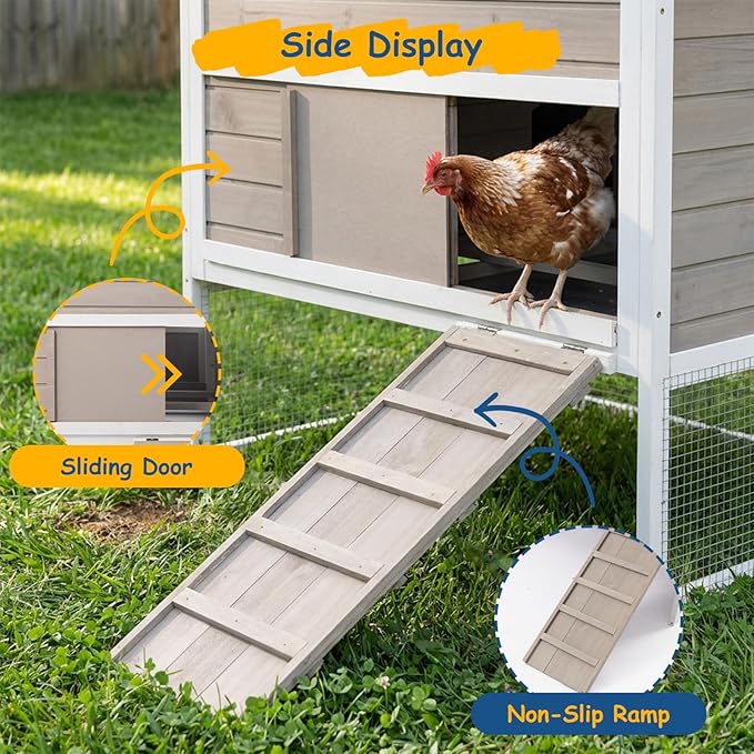 Outdoor Chicken Coop for 2–4 Chickens, Elevated 2-Tier Hen House with 3-Compartment Nesting Box, Slide-Out Tray, Reinforced L-Shaped Frame, Expandable Run Connection, Backyard Poultry Coop
