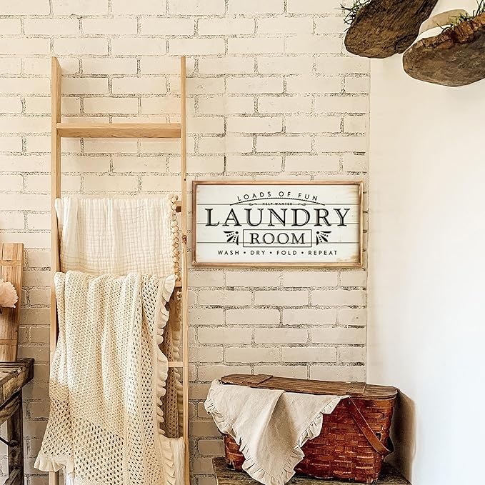 Large Laundry Sign for Laundry Decor, Loads of Fun Laundry Room Wooden Sign, 24 x 12 Inches Wood Framed Farmhouse Laundry Room Wall Decor