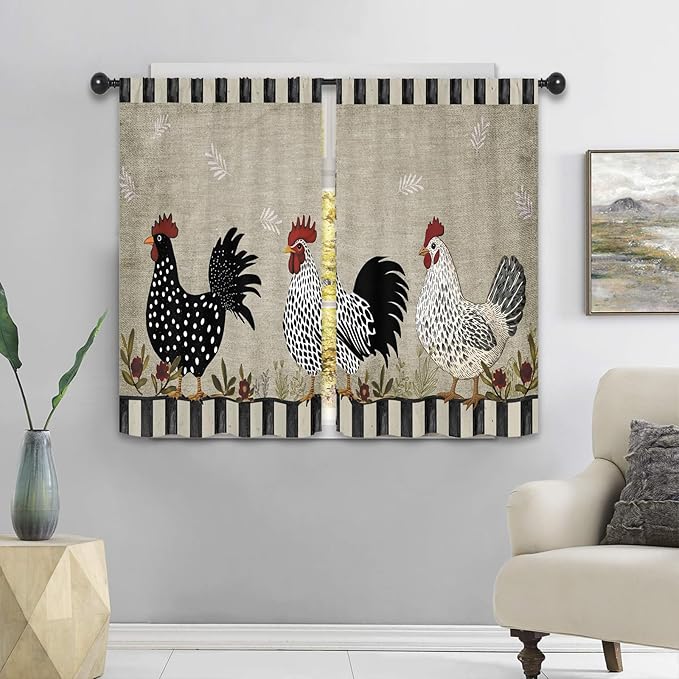 Rustic Farmhouse Rooster Kitchen Curtains 27.5W x 39L Inch Chicken Farm Country Vintage Rural Rod Pocket Short Small Window Treatment Drapes Decor 2 Panels