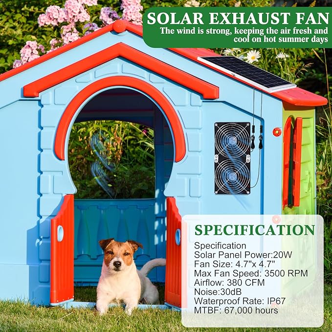2 Set 20w Solar Powered Fan Kit for Chicken Coop IP67 Waterproof Dual Solar Greenhouse Fan 3500 RPM High Speed Exhaust Fan with 10ft Cable for Shed Pet House Window Outside Inside