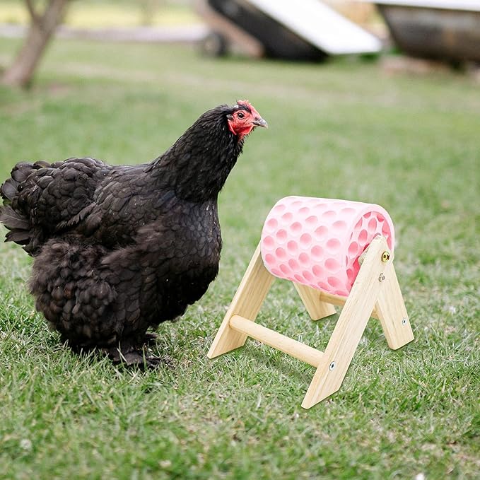 Chicken Coop Accessories, Beak Grinding Calcium Stone with Wooden Stand, Chicken Enrichment Toys, Toys for Hens, Ducks, Geese, Turkeys, Poultry, Pink