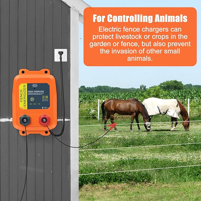 Electric Fence Charger PE2 0.10 Joule, 2-Mile/ 8 Acres Plug in Electric Fence Charger, for Dogs, Livestock, Squirrels, Chicken Coops (Orange)