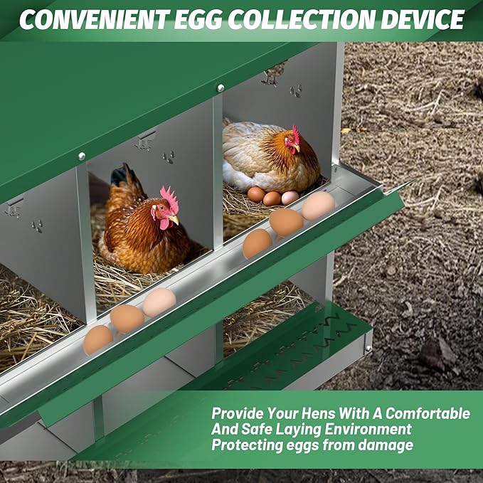 Chicken Nesting Boxes, 8-Compartment Metal Egg Laying Box with Swing Perch and Secure Lid – Versatile Wall Mount or Free Standing Suitable for Various Chicken Breeds - Green with Leg