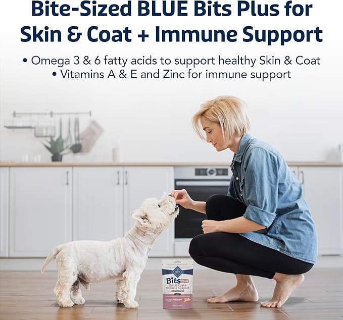 Blue Buffalo Blue Bits Plus Skin & Coat and Immune Support Daily Benefit Dog Treats, Soft & Chewy Salmon Morsels, 9.5-oz. Bag