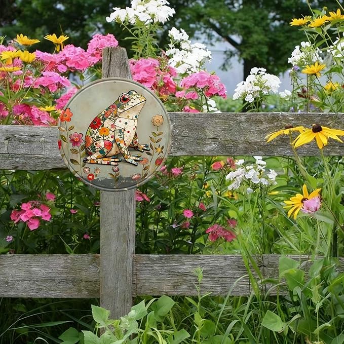 Frog Round Metal Tin Sign Wreath Farm Flowers Rustic Vintage Wall Art Decor for Farmhouse Home Garden Backyard Patio 12x12inch