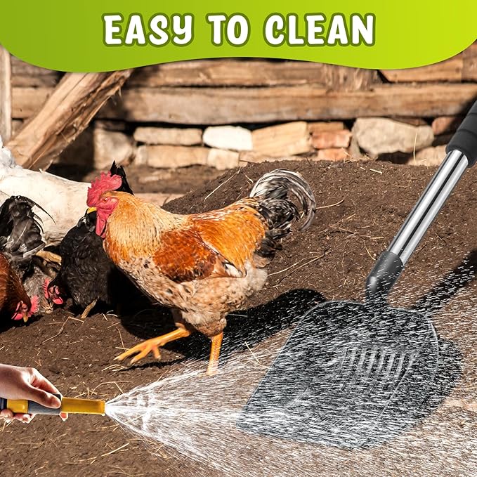 48 Inch Metal Chicken Coop Pooper Scooper (16 to 48 Inch) Long Handle Scooper with Detachable Stainless Steel Long Handle Gloves Accessory for Cleaning Chicken Coop(Black)