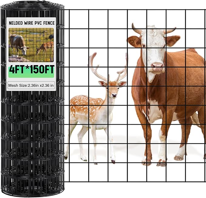 Gisafai Galvanized Welded Wire Fence 4 ft X 150 ft for Dog Chicken Hog Deer Goat Cattle 16GA Garden Border PVC Coated Fencing Roll Border Yard Vegetable Plant Animals Protection Poultry Netting(Black)