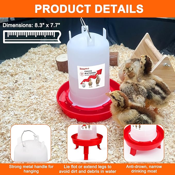 2-in-1 Chick Starter Set: 0.3 Gal Feeder & 0.4 Gal Waterer with Adjustable Legs for Baby Chicks, Hanging Hooks, Anti-Drown Design - BPA-Free Plastic (Red)