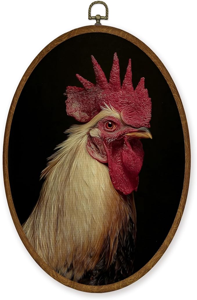 WULQYING Vintage Chicken Wall Art Decor, Moody Dark Academia Chicken Oval Framed Canvas Art Prints, Rustic Farmhouse Rooster Wall Hanging Decor for Home Bedroom Living Room, 8.6x11.4 Inches