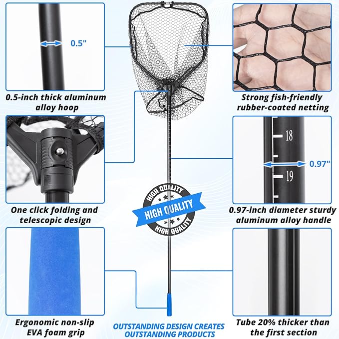 Large Telescoping Fishing Net, Folding Landing Net with Long Handle, Rubber Netting, Lightweight, Length 56″-75″, Hoop Size 20″ x 19″, Depth 20″, 25 lbs. Capacity