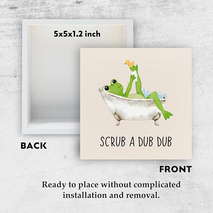 Frog Wooden Box Sign - Frog Kids Bathroom Decor, Frog Gifts, Frog Decorations for Home, Frog Home Decor, Scrub a Dub Dub Frog Wooden Box Sign for Bathroom Shelf Desk Table 5x5 Inch