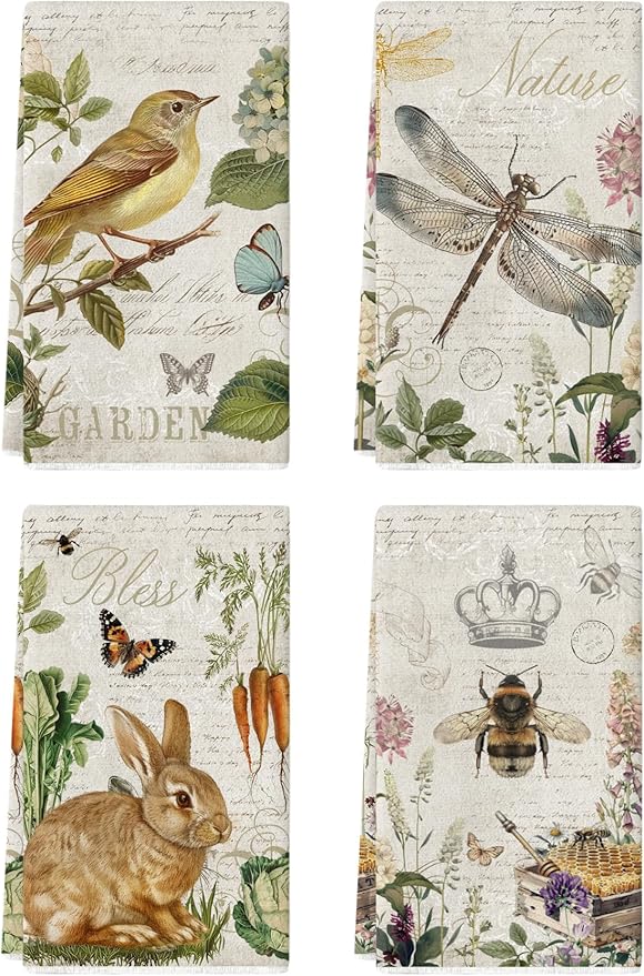 4 Pcs Vintage Garden Nature Kitchen Towels Dish Towels, Decorative Bird Bunny Dragonfly Bee Design, 27.5x20 Inch Farmhouse Absorbent Decoration Hand Towels (Garden)