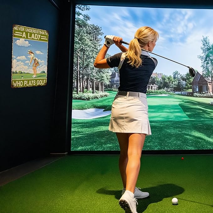Golf Metal Sign Never Underestimate A Lady Who Plays Golf Iron Painting Wall Decoration Poster Home Club Man Cave Garage Bar Restaurant Cafe Sign 12x16 Inch