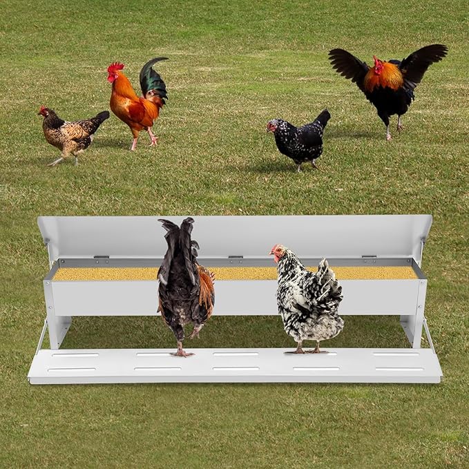 22lbs Automatic Chicken Feeder Automatic Galvanized Chicken Feeder with Weatherproof Lid Large Capacity Poultry Feeders Treadle for Chickens, Ducks, Geese