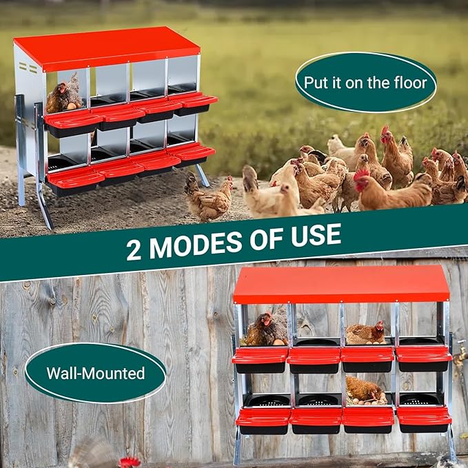 Heavy Duty 8 Hole Chicken Nesting Box with Roll Away Egg Collection System - Rustproof Plastic Tray, Ventilation Holes & Keyhole Mounting - Laying Box for Hens and Ducks (Green)