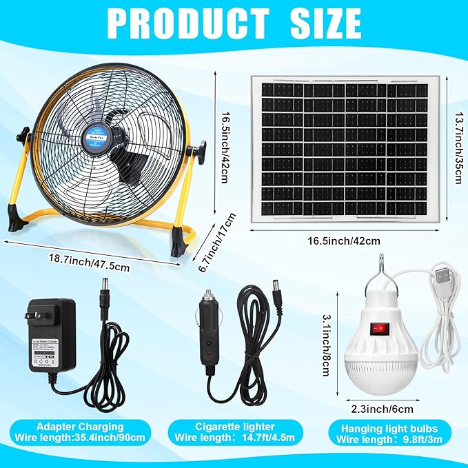 Sumind 14 Inch Solar Powered Fan 15000mah 20w Portable Ventilador Rechargeable Camping Fan Battery Powered with Panel and Light for Outside, Home, Travel, Chicken Coop, Shed, Greenhouse