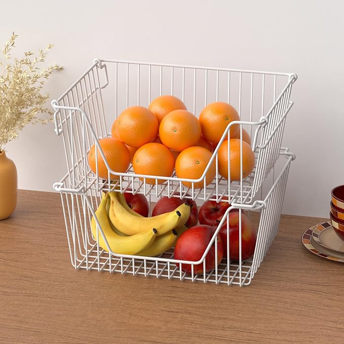 Slideep 14" Large Bin Baskets Stacking Baskets Sturdy Metal Wire Storage Baskets Organization with Handles for Pantry, Kitchen, Closets, Bathroom, Cabinets, Kitchen,White, Set of 3