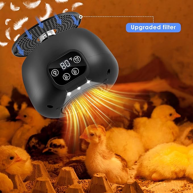 1 Pack Chicken Coop Heater 200W with Lighting and Temperature Control Chicken Heating Lamp with Digital Display 5Ft Cable Brooder Heater for Reptiles, Remote not Include