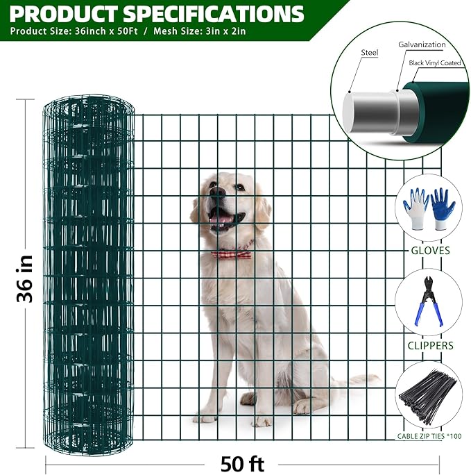 Welded Wire Fence, 50ft(L) x 36inch(H) PVC Coated Wire Fencing for Dog, 2 Inch x 3 Inch 16GA Fencing for Chicken, Anti-Rust Roll Metal Wire Mesh Fence for Yard Vegetable, Green