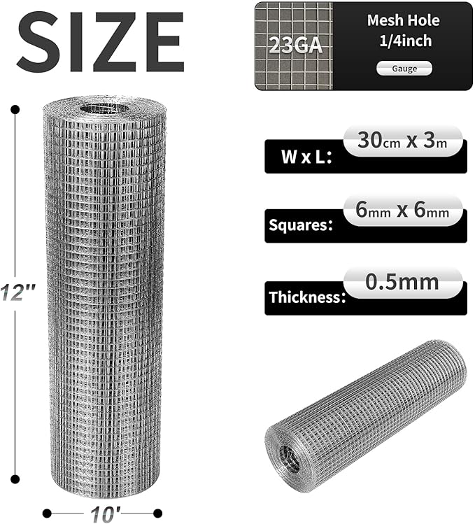 Hardware Cloth 12'' x 10' 1/4 in Galvanized Wire Mesh Roll (23 GA) Chicken Wire Fence Roll for Chicken Pen/coop Fences, Screen mesh, Rabbit/Snake Fences, Poultry enclosures, Handicraft Ma