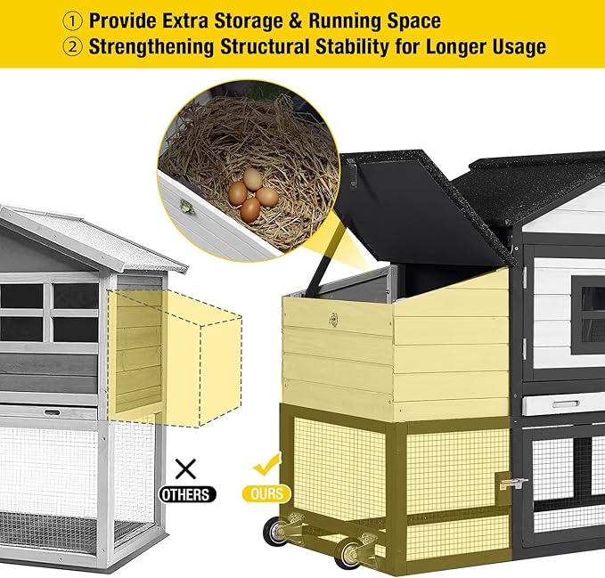 Aivituvin Chicken Coop Outdoor with Wheels, Mobile Hen House Wooden Poultry Cage with Run & Waterproof Roof (Black with White)