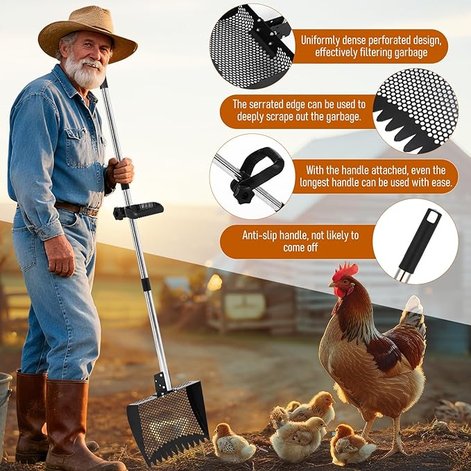 Lothee 11.8 Inch 2-in-1 Large Chicken Poop Scooper & Rake with Adjustable Shovel Head Angle, 5 Length Adjustable Stainless Steel Handle(23-76"), Coop Rake Ergonomic Grip for Chicken Coop Cleaning