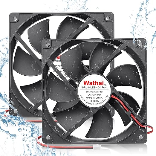 Wathai 120mm x 25mm DC 12V Waterproof Fan Dual Ball High Preformance for Electronic Equipment Cabinet or DIY Cooling Ventilation Exhaust Projects IP67 2 Pack