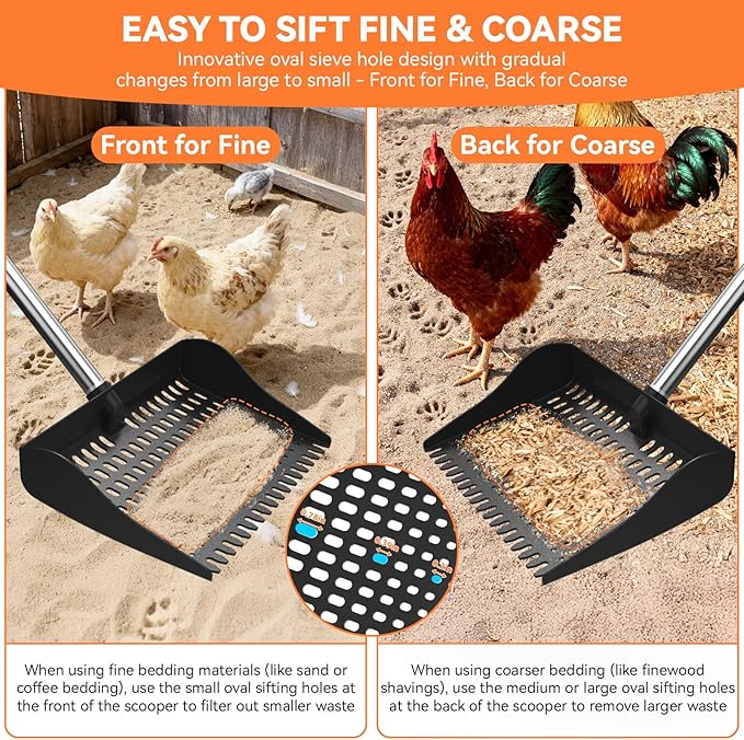 Chicken Poop Scooper & Rake 2-in-1, Chicken Coop Accessories with 13in Wider PP Head & Adjustable Stainless Steel Handle, 33''-69'' Pooper Scooper Sand Sifting Shovel Litter for Small Farm Animals