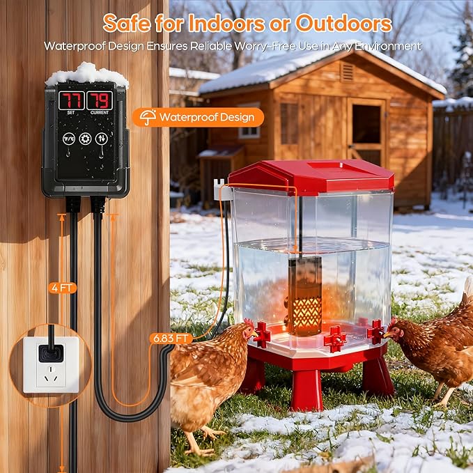 PTC Chicken Water Heater for Winter with Waterproof Thermostat Chicken Waterer Heater with LCD Display, Adjustable Temp, Energy-efficient, Safe Heated Poultry Waterer for Chicken, Pet, Bird Bath