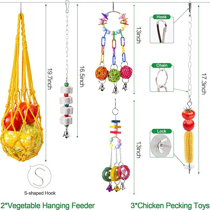 11 Pack Chicken Toys for Coop Accessories - Chicken Xylophone Toy, Chicken Mirror, Chicken Ladder Bridge, Coop Swing, Vegetable Hanging Chicken Feeder, Chewing Foraging Toys, Gifts for Hens