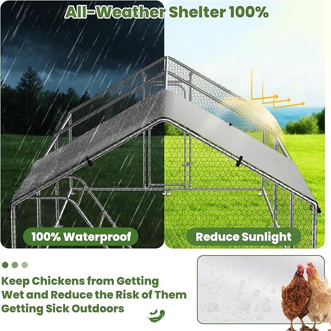 Large Metal Chicken Coop with Roosting Perch, Waterproof and UV-Resistant Cover, Outdoor Walk-in Cage Hen House for Yard Farm Rabbit Duck Chicken Run with Spire Roof (10'W x 19.7'L x 6.4'H)