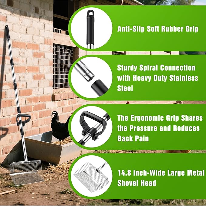 15-inch Large Chicken Poop Scooper, Heavy Duty Adjustable Chicken Coop Scoop for Sand with Ergonomic Grip,5-in-1 Heavy Duty Adjustable Metal Chicken Coop Scoop with 24 to 68"