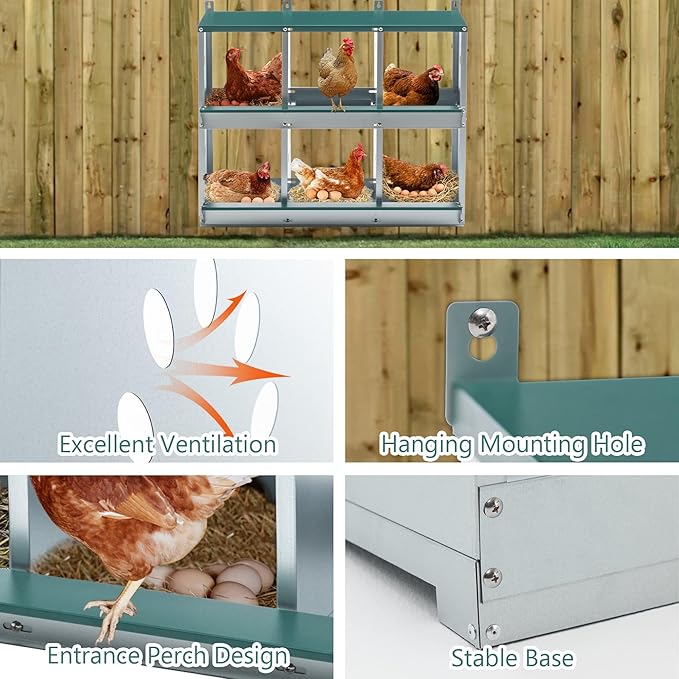 Chicken Nesting Boxes for Laying Eggs, Wall Mount Metal Poultry Nest Box for Hens, Large Vented Holes Chicken Coop Box, Galvanized Steel Nesting Boxes for Hens (Green, 6 Compartment)