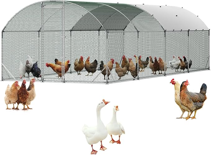 VEVOR Large Metal Chicken Coop, 9 x 25 x 6.6 ft, Walk-in Chicken Run House with Waterproof Cover & Sturdy Frame, Dome Roof Poultry Cage Duck Pen for Rabbit Hen Goose Outdoor Backyard Farm Use