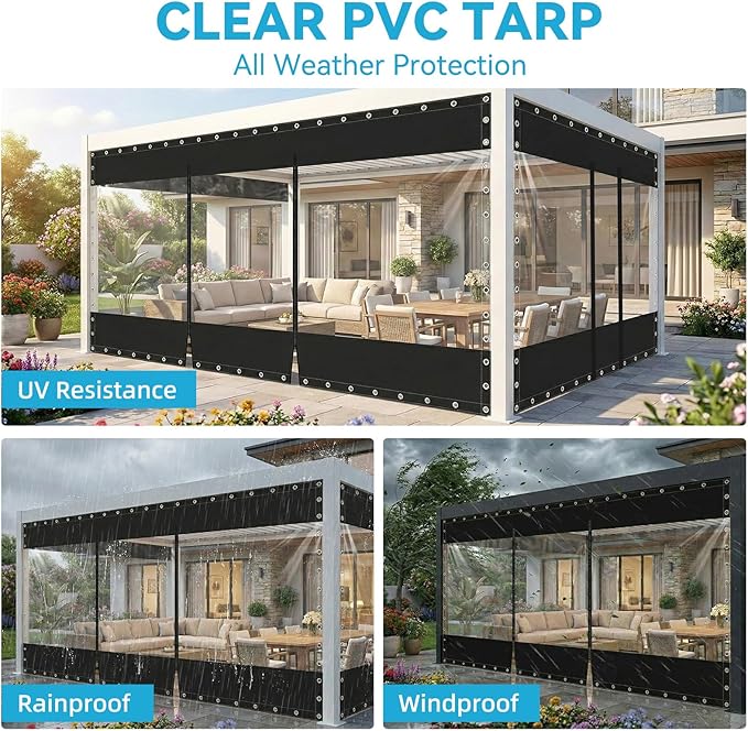21.16oz Clear Tarps Heavy Duty Waterproof with Zipper 7(H) x10(W) ft, 19.69 MIL Patio Enclosures for Winter with Rustproof Grommets Patio Enclosure Tear-Resistant Tarpaulin for Pergola Porch, Black