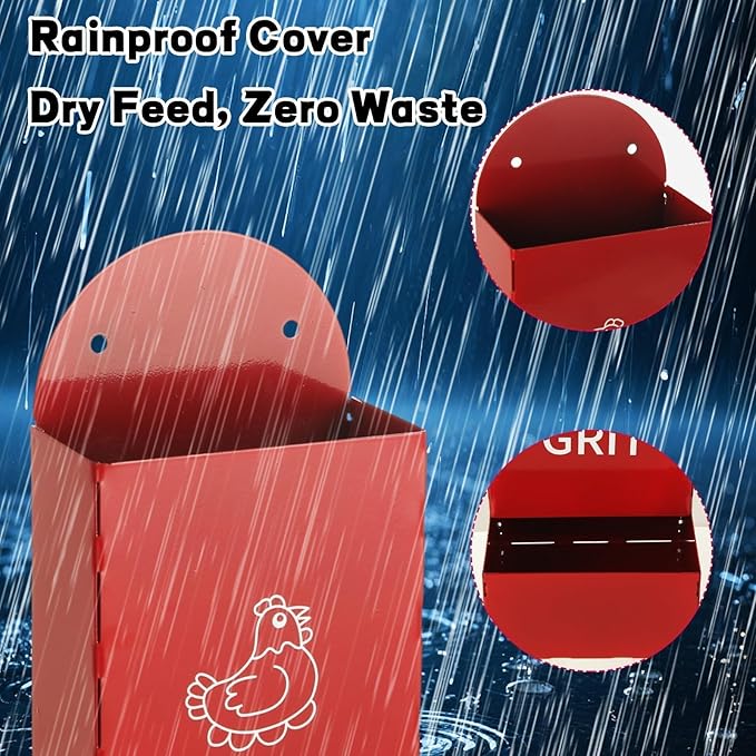 Hanging Chicken Feeder Metal (2 Pack), Wall Mounted Poultry Grit Feeder with Weatherproof Lid, Durable Chicken Coop Accessories for Chickens, Ducks, Quail, Red & Black