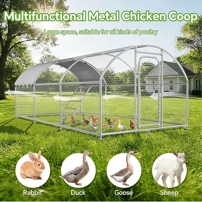 Chicken Coop with Roosting Perch, Large Metal Chicken Run Poultry Cage with Water-Resident and Anti-UV Cover for Duck Rabbit House Walk-in Chicken Pen for Yard, Dome Roof(10’ W x 19.7’ L x 6.4’ H)