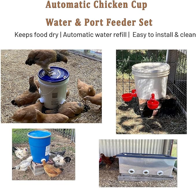 Chicken Feeder Waterproof and Chicken Waterer Cup, 6pcs No Waste Chicken Feeder for Buckets,Barrels,Bins, and 6pcs Chicken Water Cups for Chickens, Birds, Turkeys etc